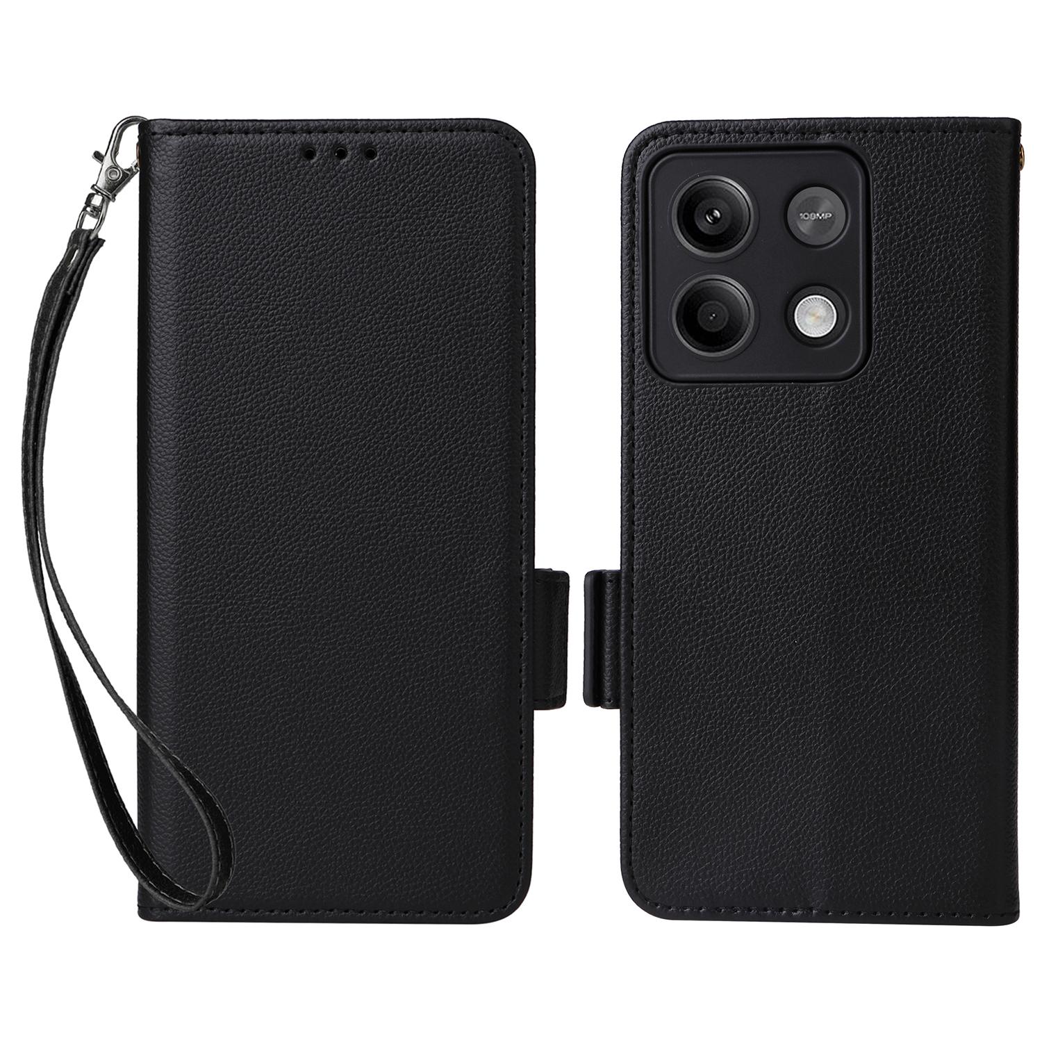 

For Xiaomi Redmi Note 13 5G Cover Leather Wallet Stand Cell Phone Case with Strap Black