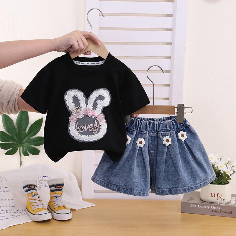 Girls Summer 3D Bunny Head Short Sleeve Set Cute Princess Cartoon Lace Baby Two Piece Outfit