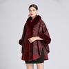 Winter Women's Shawl Cape Fur Collar Jacquard Hooded Large Size Seven-point Sleeves Tweed Jacket Cardigan