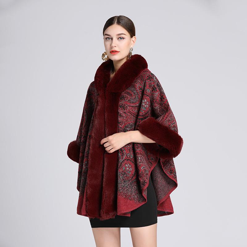Winter Women's Shawl Cape Fur Collar Jacquard Hooded Large Size Seven-point Sleeves Tweed Jacket Cardigan
