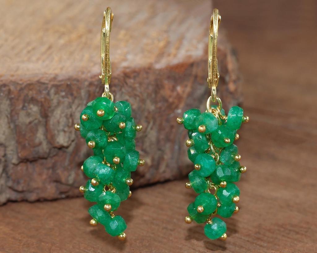 Green Emerald Gemstone Beads Cluster Earring, Natural Emerald Beads Gold Earring, May Birthstone Jewelry, Handmade Earrings, Gift for Her