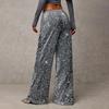 Damen Hosen High Waist Weites Bein Freizeithose mit Pailletten-Design Elastischer Kordelzug in der Taille Partyhose