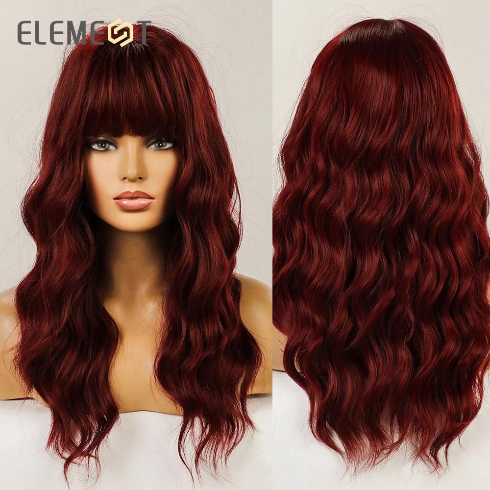 Synthetic Wig Long Medium Water Wavy Ombre Dark Brown with Bangs Wigs for Women Party Daily Hair Heat Resistant Natural