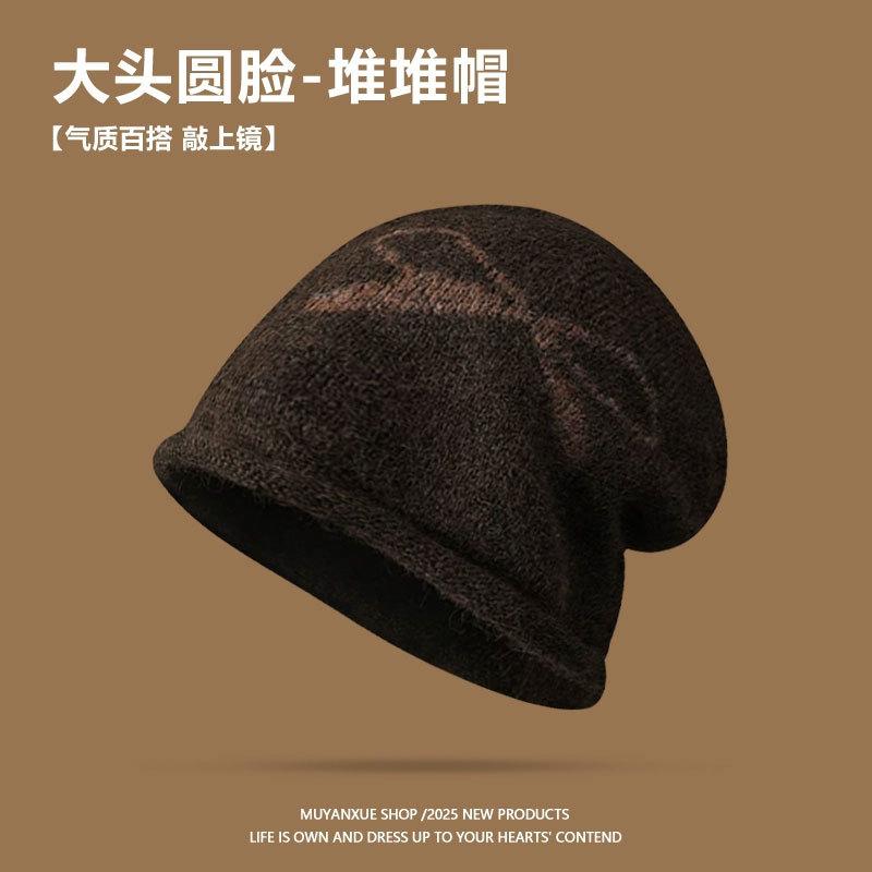 Bow black stack hat women's autumn and winter warm knitted pullover cold hat retro big head circumference showing face small bag head hat