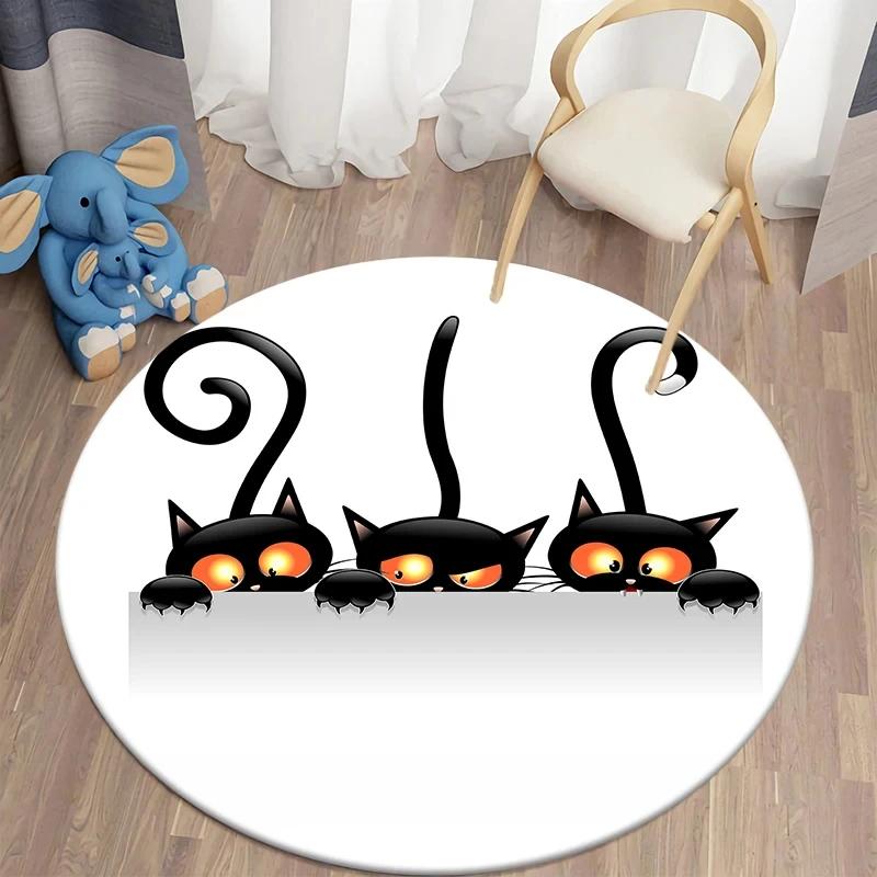 Black Cat Round Carpet Kawaii Cartoon Animal Print Rug for Living Room Bedroom Chair Decor Comfort Yoga Mat Non Slip Floor Mats
