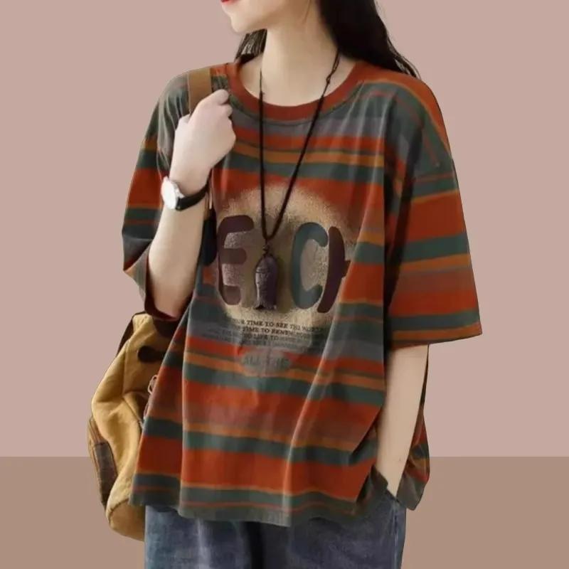 

Модные футболки с круглым вырезом и принтом в виде букв в полоску Женская одежда Весна-Лето Свободные повседневные топы Универсальные футболки XXXXL оранжевый