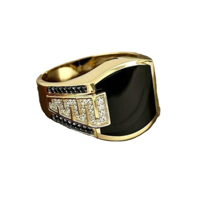 2025 New Men's Ring Fashion Metal Gold Color Inlaid Black Stone Zircon Punk Rings Suitable For Men Engagement