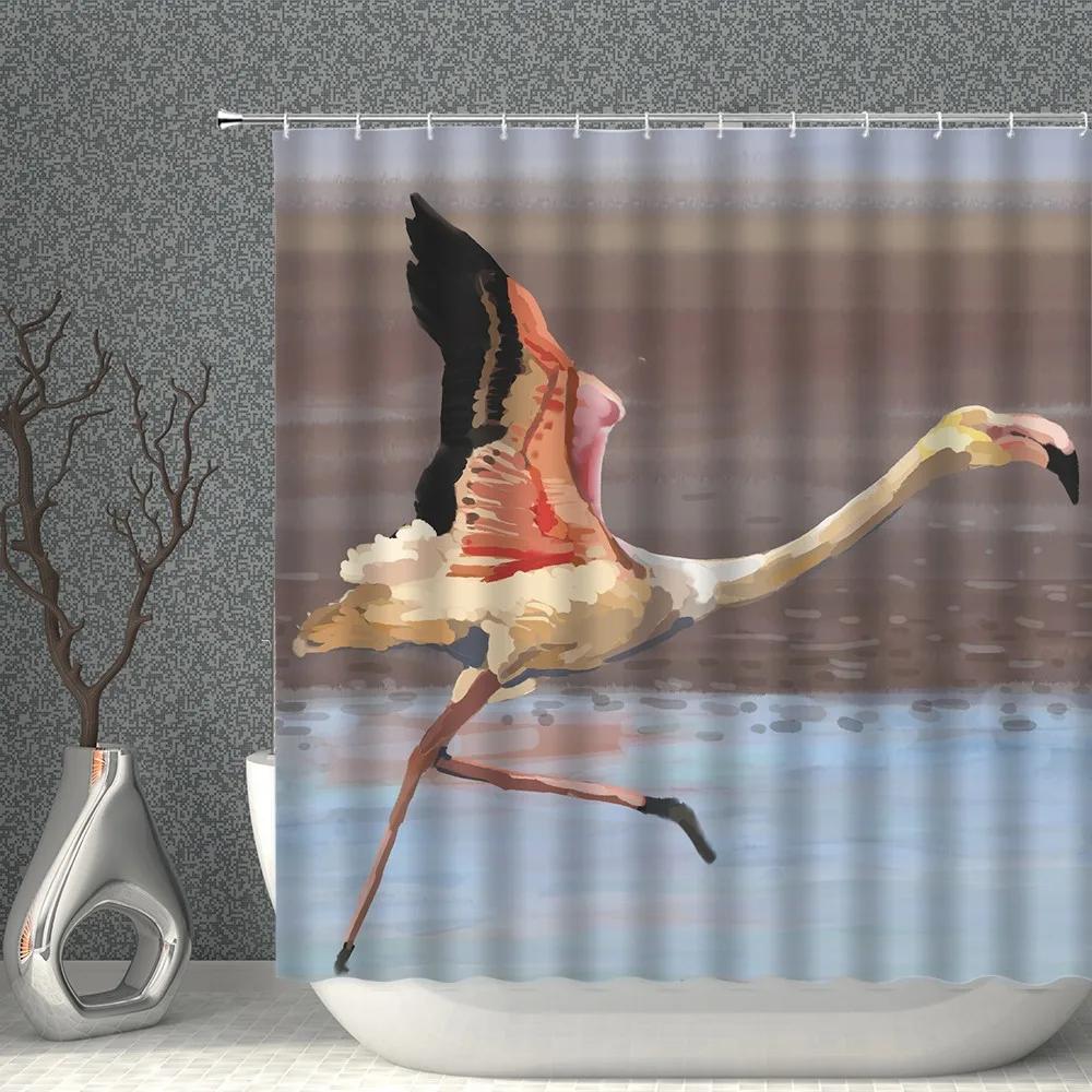Flamingo Shower Curtains Green Leaf Pink Heart-Shaped Waterproof Polyester Cloth Curtain Set With Hooks Nordic Bath Room Decor