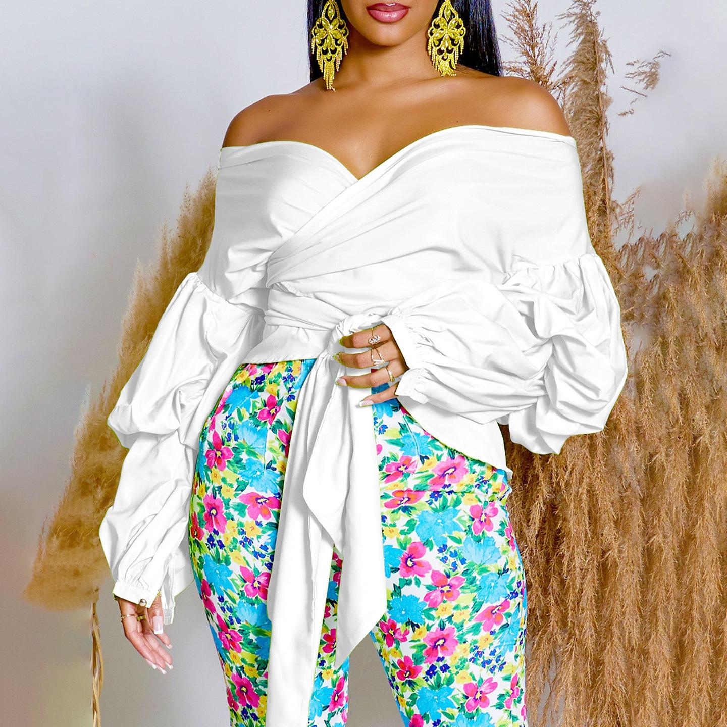 

Летняя мода плюс размер сплошной цвет без бретелек с перекрестными завязками и пузырьковыми рукавами сексуальная женская рубашка с v-образным вырезом 3XL белый