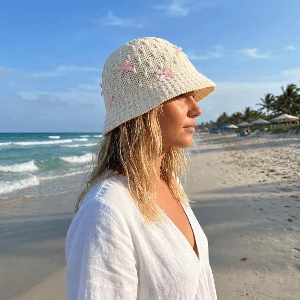 Solid Color Summer Sun Hat Weave Bow Bucket Hat Casual Sunscreen Visor Cap Hiking