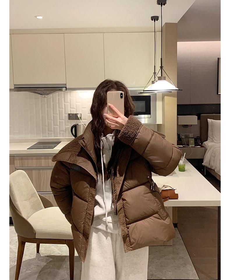 Short Lamb Wool Lapel Padded Jacket with Belt