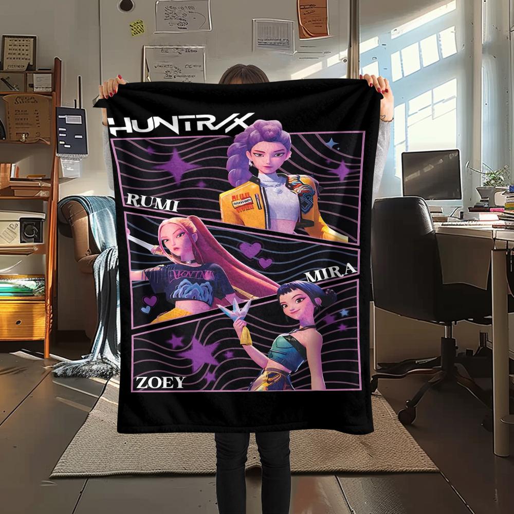 1PC Kpop Demon Hunters Print Flannel Blanket, High Quality All Seasons, Home Decor, Warmth and Comfort, Perfect for Christmas Gifts