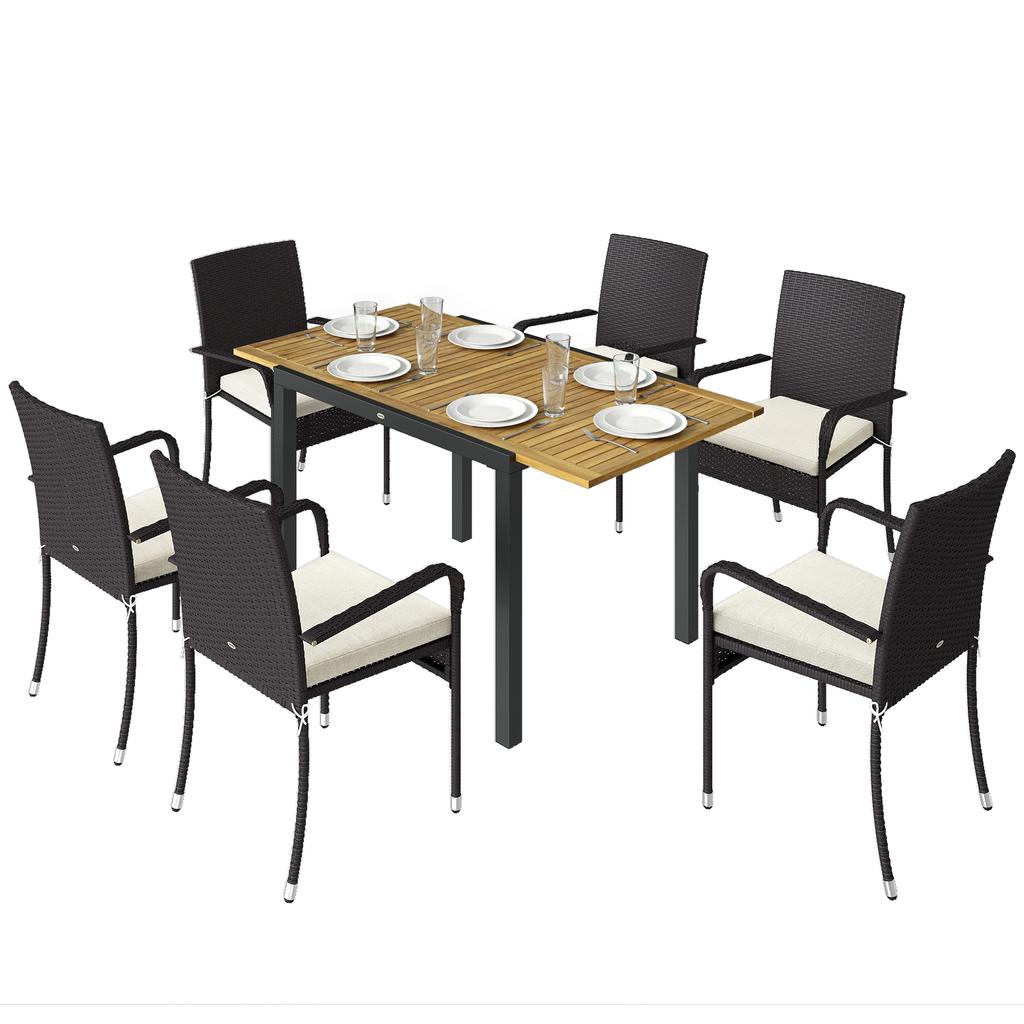 7 Piece Rattan Garden Furniture Set, 6 Seater Garden Table and 6 Stackable Chairs with Extendable Acacia Wood Tabletop