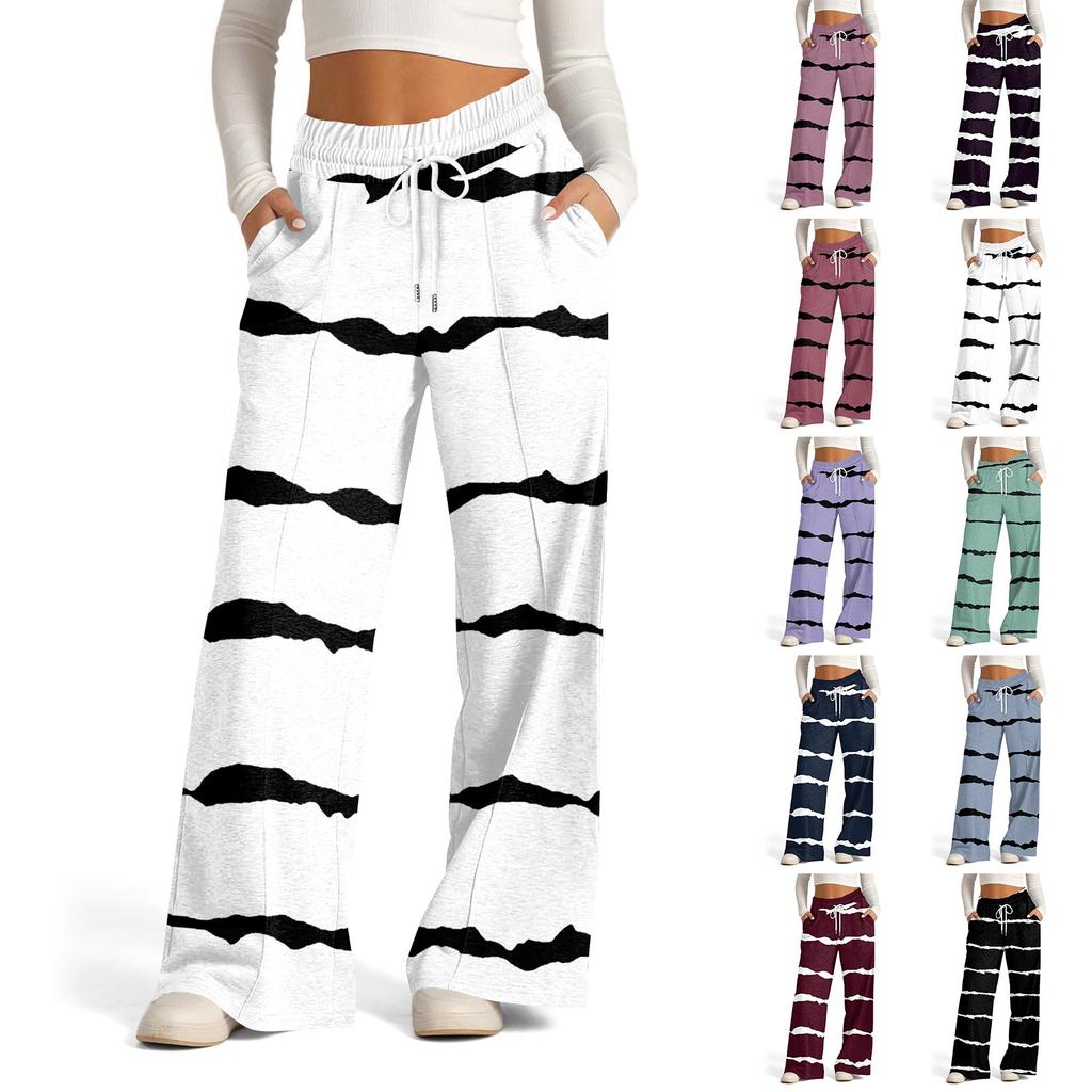 Pantaloni casual cu picior larg pentru femei, talie înaltă, pantaloni sport cu dungi