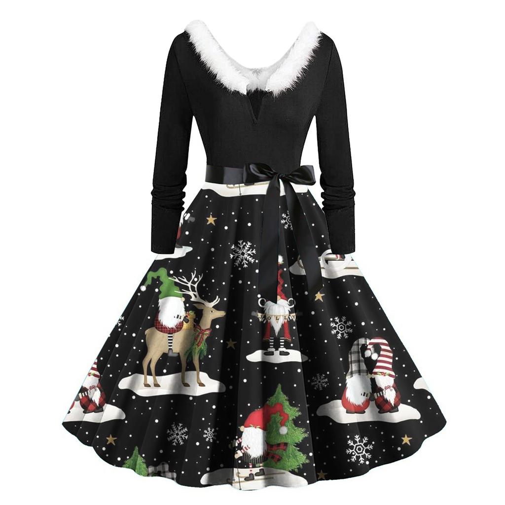 Women's Casual Christmas Print Round Neck Pullover High Waist Long Sleeve Dress
