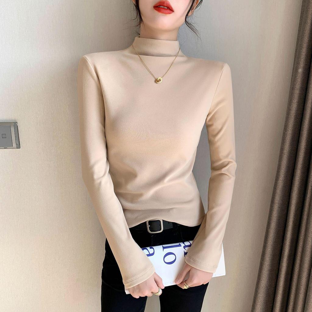 Women's Slim Fit Plush Shirts - Half-High Collar, Long Sleeves, Perfect for Autumn/Winter