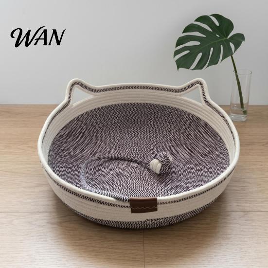 All Season Cat Bed Woven Basket Cotton Rope Handwoven with Ears Soft Sleeping Nest Toy Ball Breathable Pet for Indoor Medium Large Cats Seasons