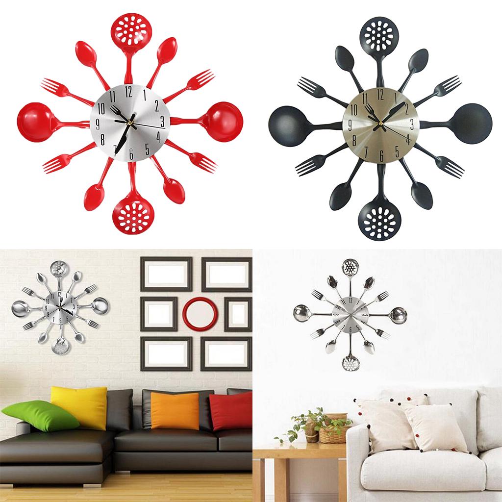 Creative Kitchen Wall Clock with Utensils Non-ticking Silent Wall Clock Round Stainless Steel for Home Decor