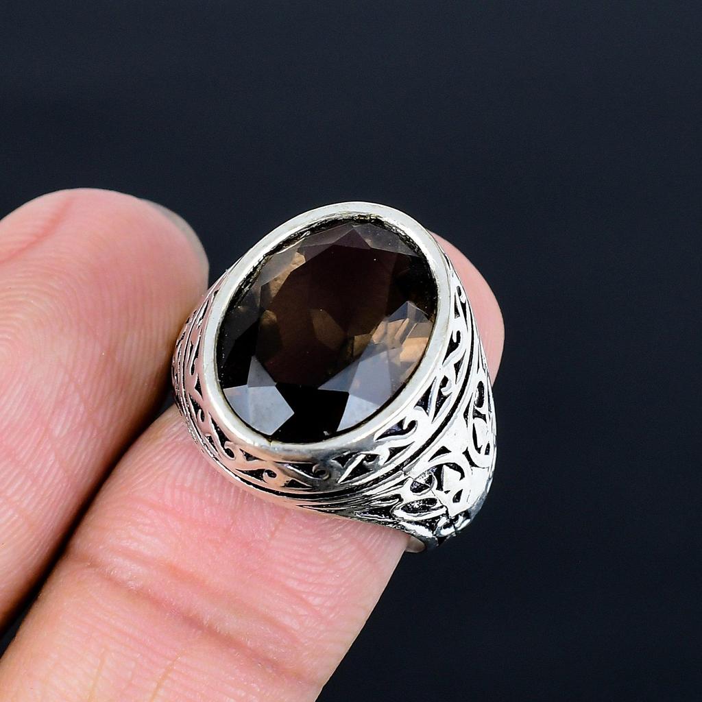 Vintage Men's 925 Sterling Silver Ring with Large Oval Smoky Quartz Gemstone Retro Filigree Carved Punk Style Jewelry
