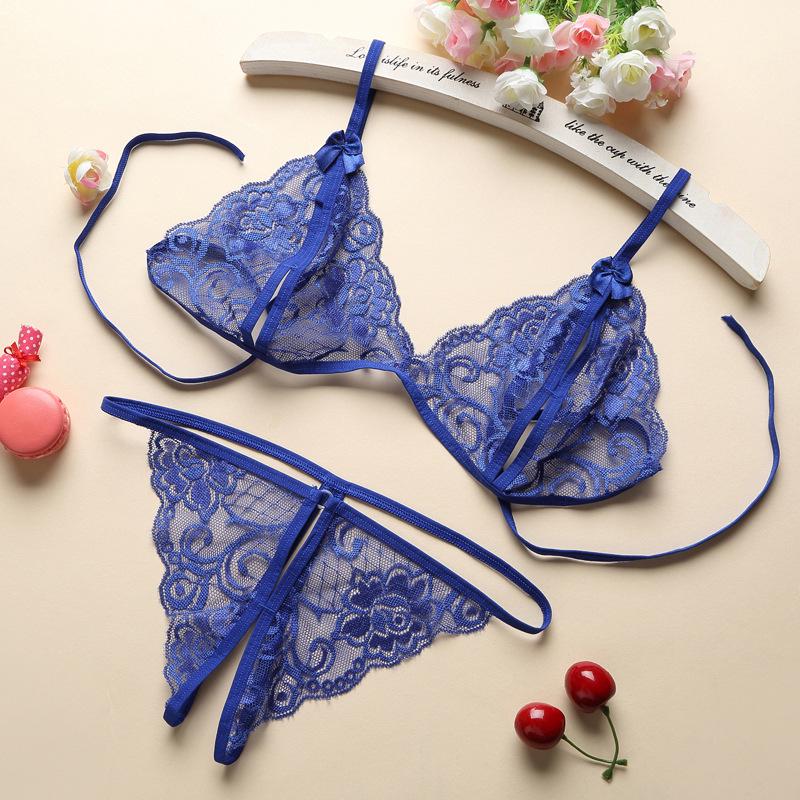 Sexy Lace Lingerie Set with Bowknot and Open Crotch, Women's Three-Point Style C06