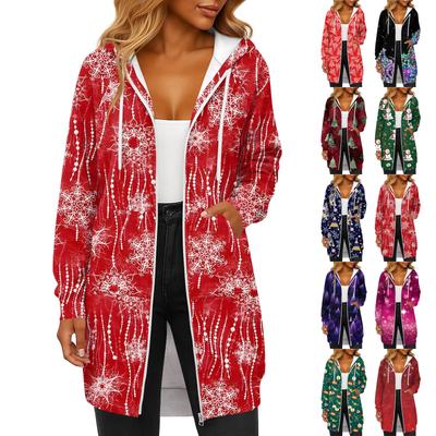 Jaqueta Moletom Casual Longa Feminina Estampada de Natal da Moda com Capuz com Cordão, Manga Longa e Bolso com Zíper