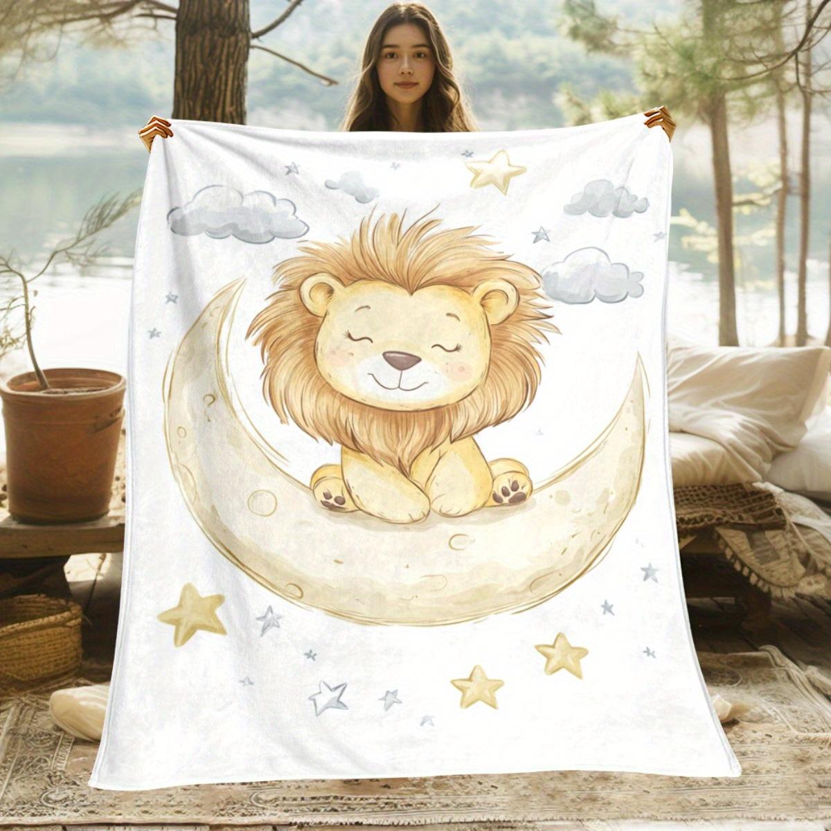 Lion and Moon Art Flannel Blanket - Soft and warm, perfect for camping, sofas, beds, and chairs; a great holiday gift for boys 130x150cm