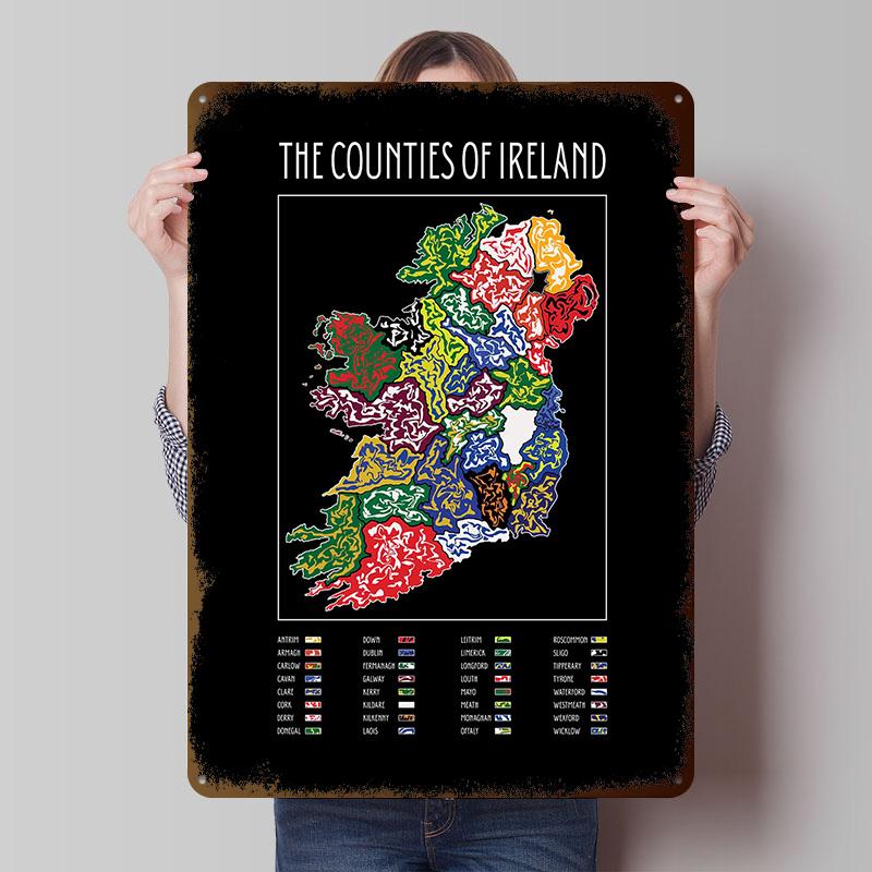 The Counties of Ireland Map Tinplate Posters Customizable Wall Art Retro Vintage Metal Signs for Home Room Bathroom Decor Items 20X30CM