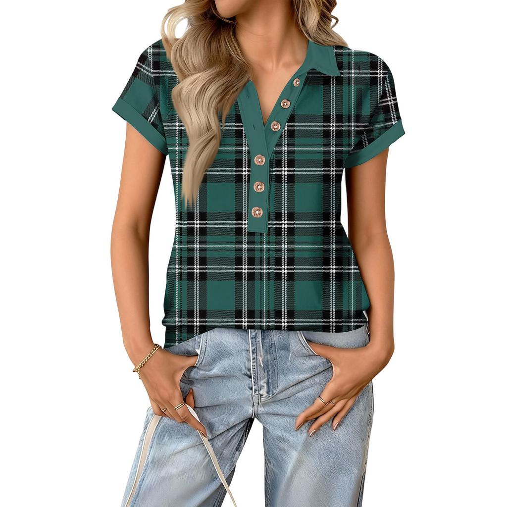 Women's fashionable and casual summer V,neck patchwork short,sleeved plaid print top