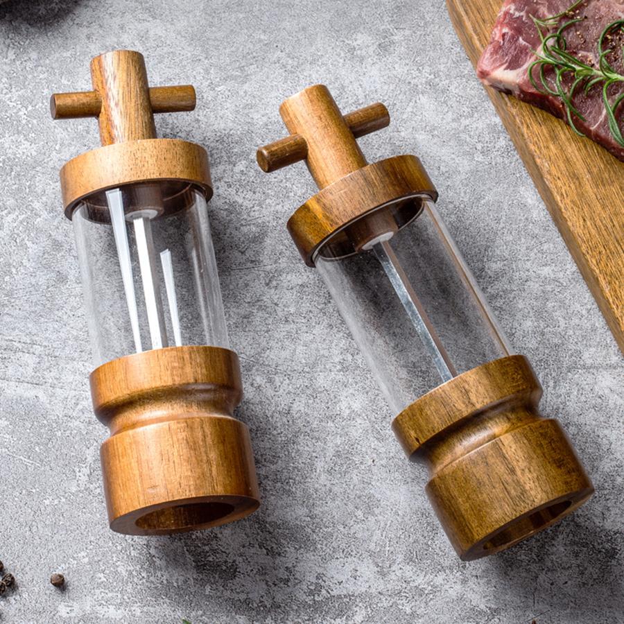 Salt and Pepper Grinder Set Natural Acacia Wood Salt Pepper Mill Manual Abrader Refillable Adjustable Coarseness