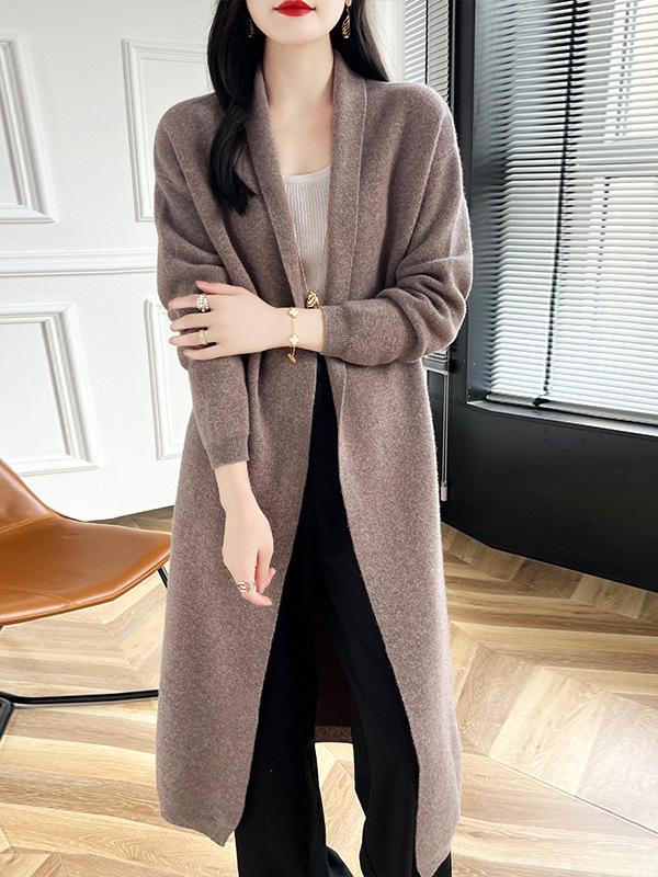 Women's Solid Color Wool Knit Cardigan - Buttonless, Long Sleeve, Casual Fit