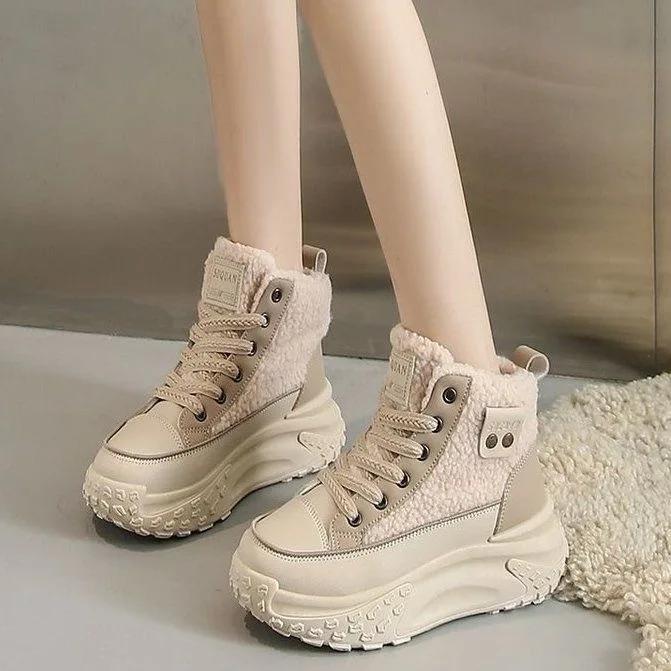 Women Snow Boots Winter High Top Plush Warm Cotton Shoes Thick Sole Height Increasing Anti Slip Outdoor Lace Up Ankle Boots