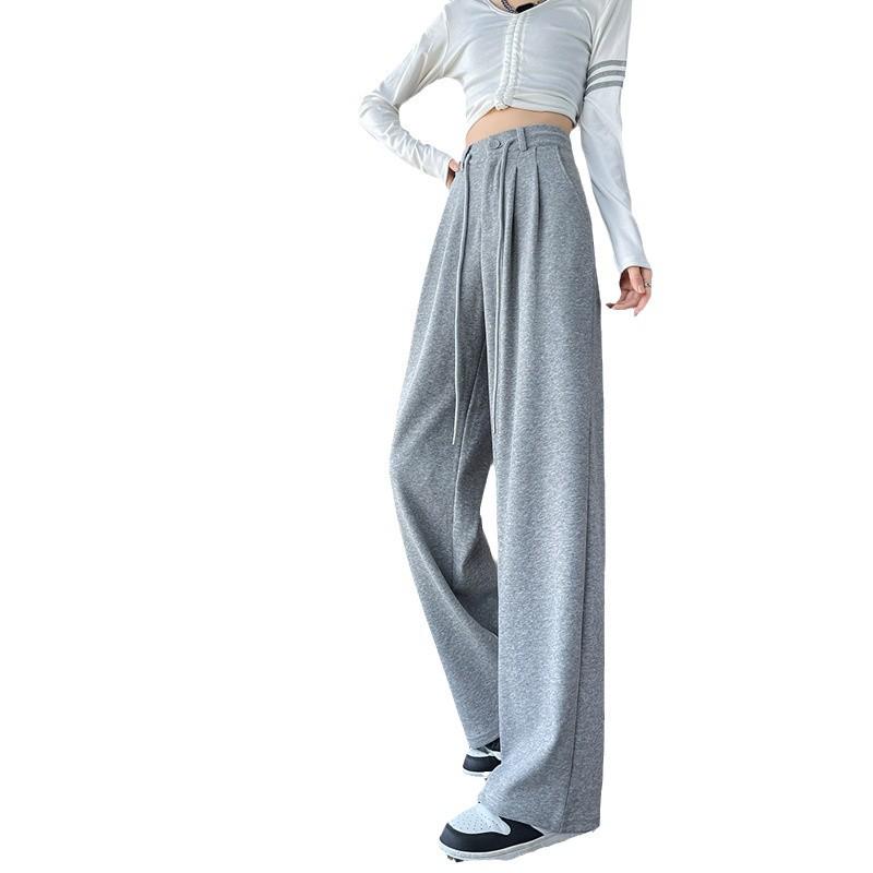 Women's Gray Wide-Leg High-Waist Sweatpants with Drawstring and Petite Fit
