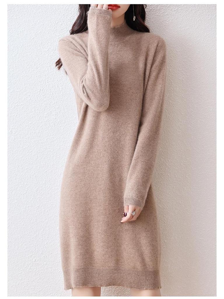 Women's 100% Wool Knit Dress - Autumn/Winter Semi-High Neck Casual Versatile Style