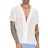 Men Summer Shirt Solid Color Hollow Out Lapel Short Sleeves Single-breasted Daily Wear Loose Breathable Men T-shirt Men Clothes