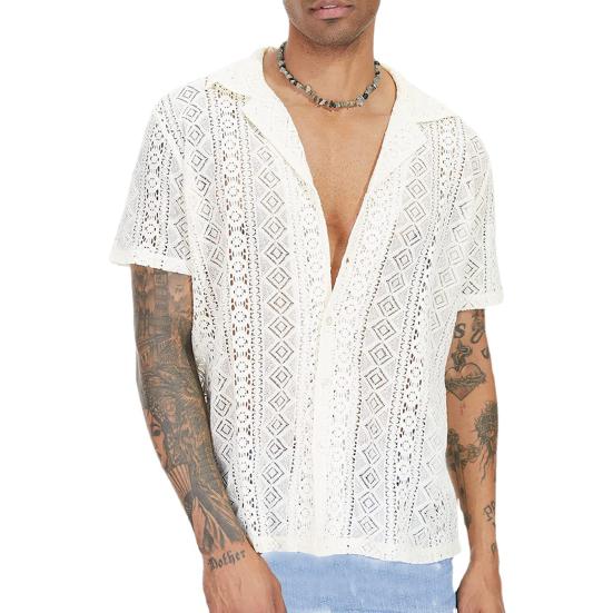 Men Summer Shirt Solid Color Hollow Out Lapel Short Sleeves Single-breasted Daily Wear Loose Breathable Men T-shirt Men Clothes