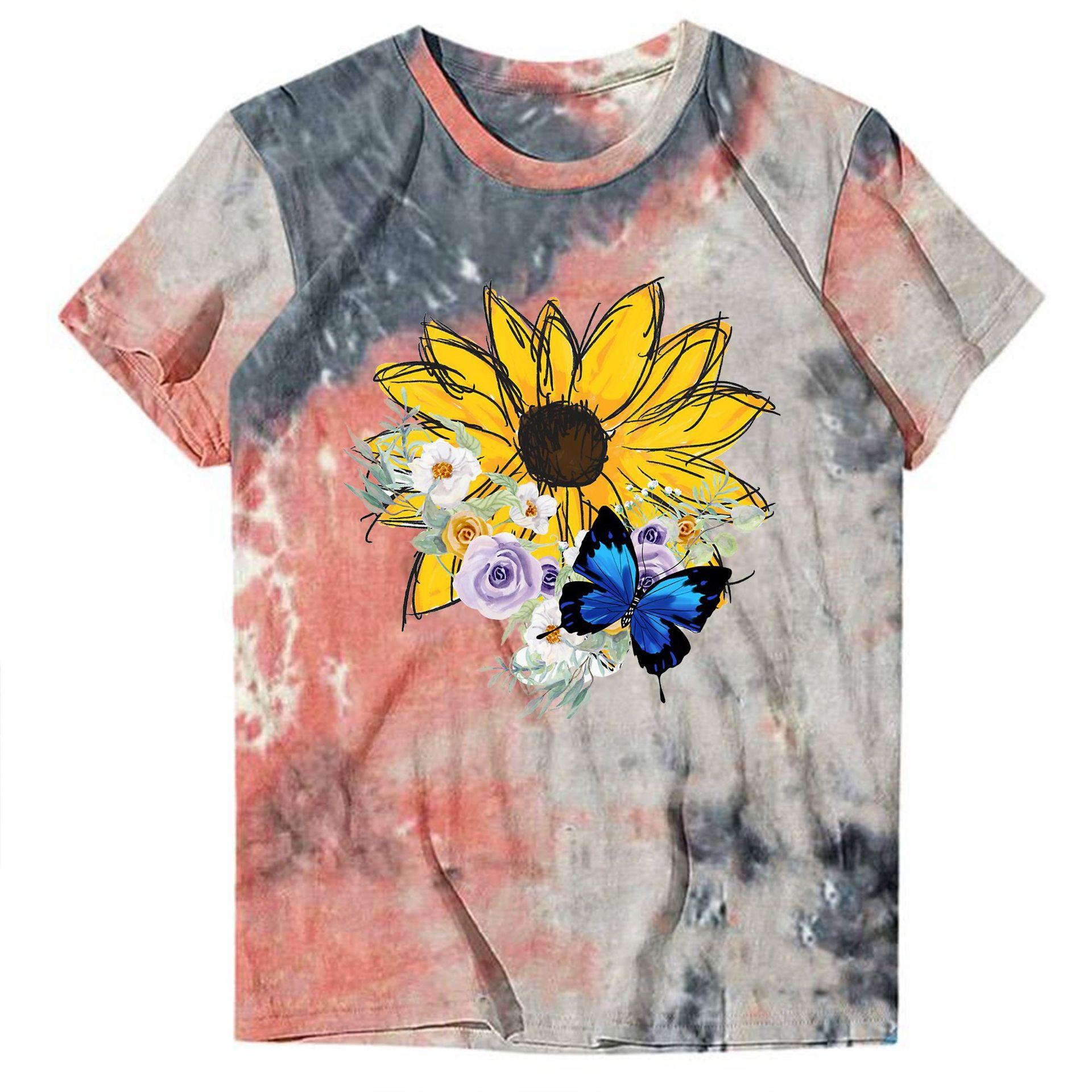 

Новая женская свободная хлопковая футболка с короткими рукавами и принтом «Подсолнух-бабочка» для весны и лета 6XL