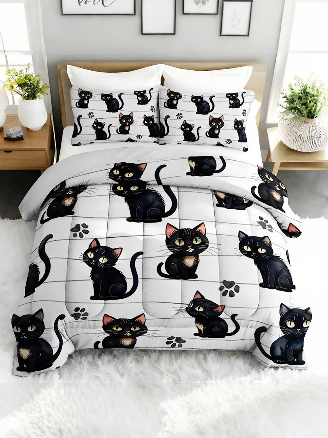 3 шт. Мультяшный набор с черным котенком Китти, одеяло, постельное белье с 2 наволочками, милый дизайн кошки для спальни 240x220cm