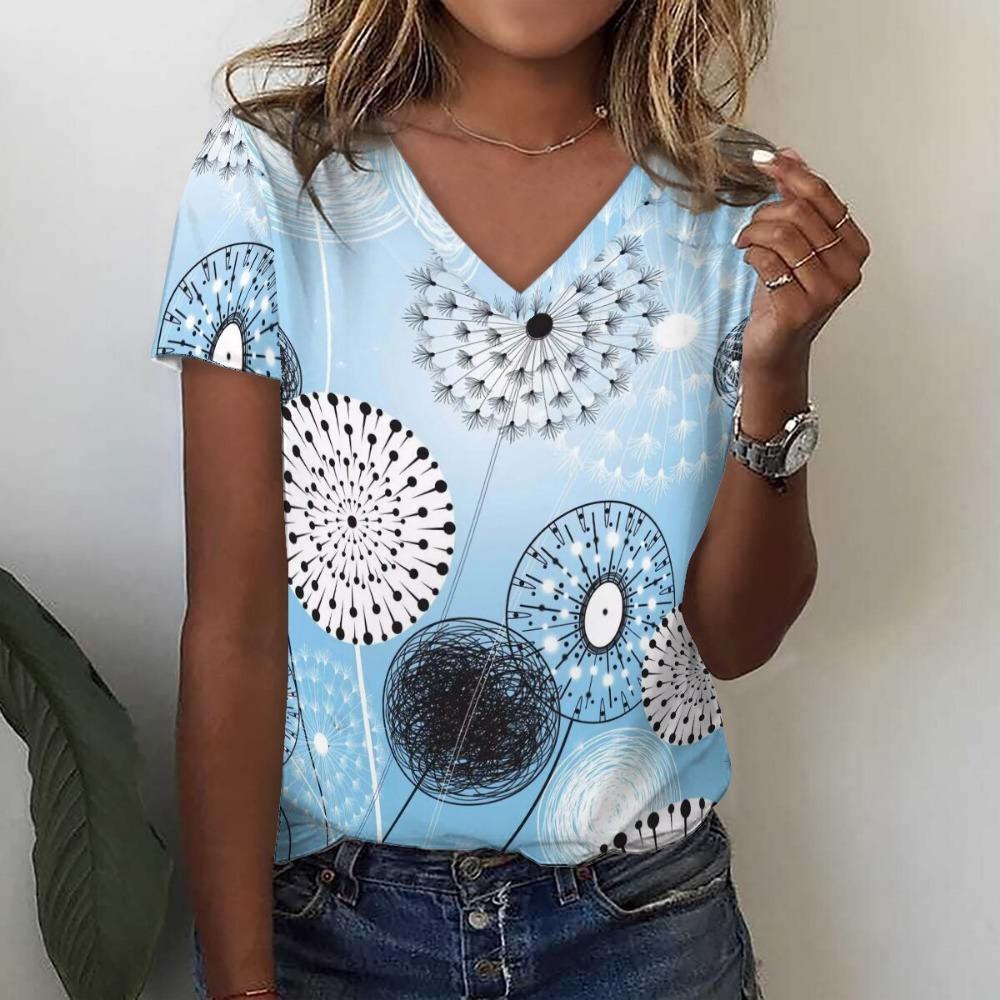 Dandelion 3D Print T-Shirts Summer Fashion Women Streetwear Casual V-Neck T Shirt Y2k Tees Top Oversized Harajuku Woman Clothing