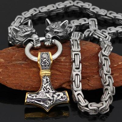 Collar con colgante de acero inoxidable con el martillo de Thor y el lobo vikingo para hombre