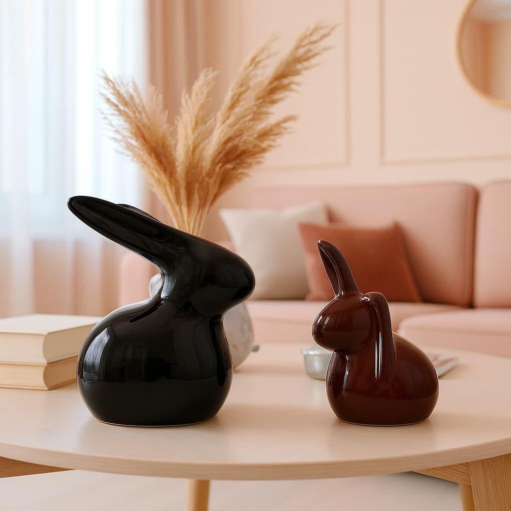 Home Decor Ceramic Rabbit Figurines (Set of 2, Black and Brown)
