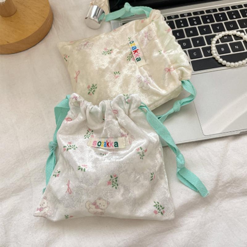Cartoon Floral Bear Drawstring Storage Bag Women Jewelry Lipstick Makeup Bag Coin Purse Multifunctional Travel Packaging Bag