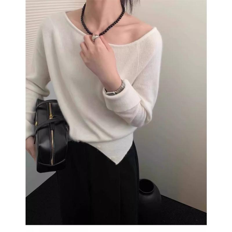 Elegant Loose Slanted Shoulder Knitted Pullover Striped Sweater Casual Gentle Autumn Women Fashion Long Sleeve Tops Loose Casual Office Thin Clothing