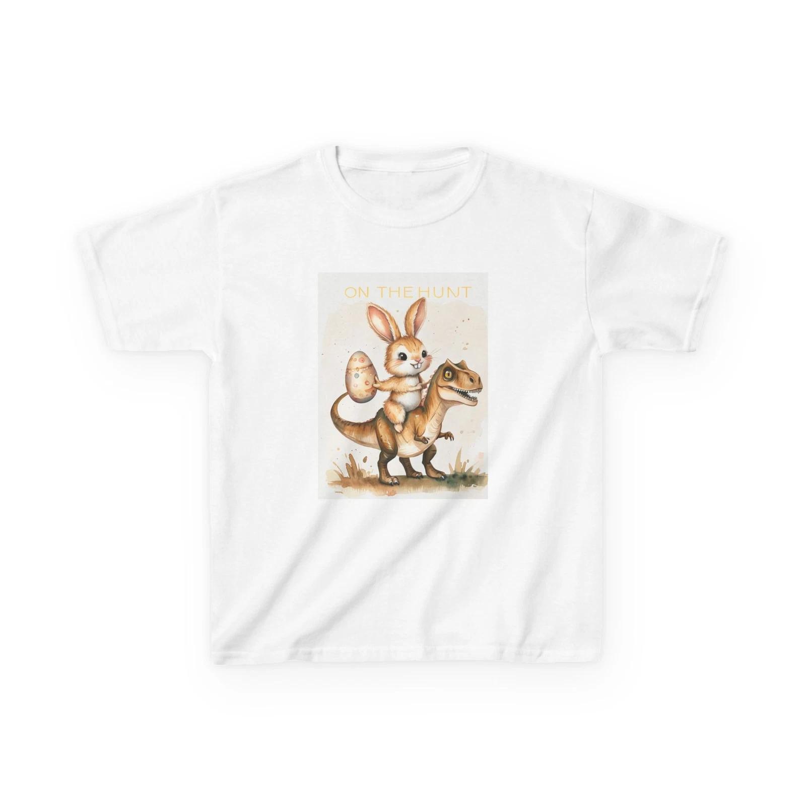 Whimsical Kids Tee:  On the Hunt  Bunny & Dinosaur Design, Perfect for Easter 110