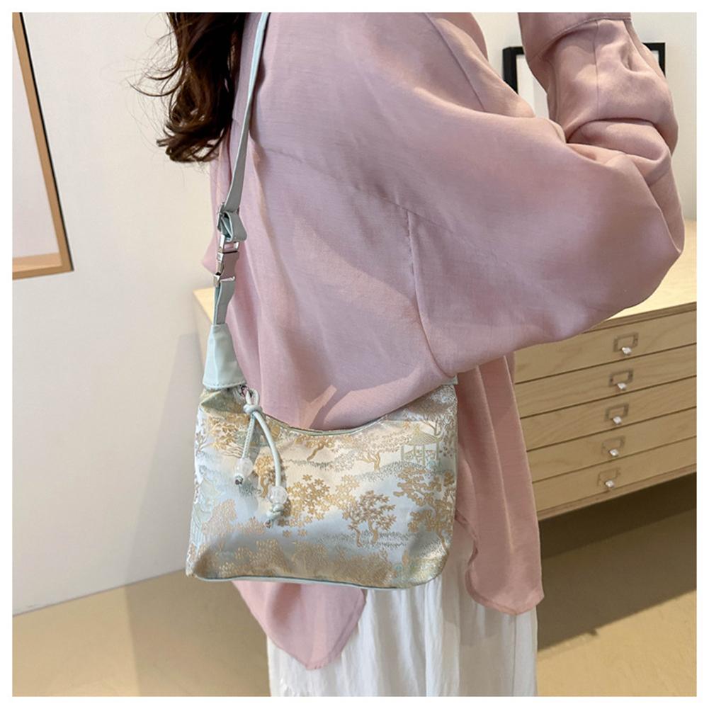 Women Soft Nylon Crossbody Bag with Pearl Pendant Casual Sling Bag Adjustable Strap Stylish Handbag Travel Shopping Work Bag