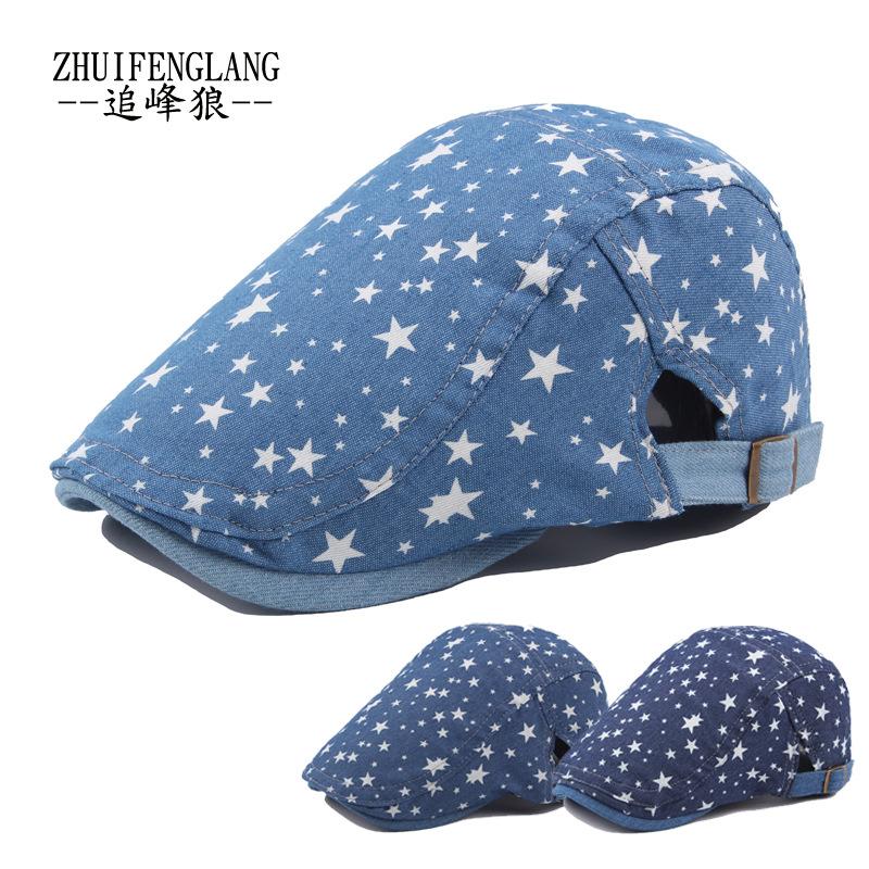 Peak Chasing Wolf Fashion Spring And Summer Ladies Print Denim Cap Casual Painter Hat Vintage Sunshade Beret
