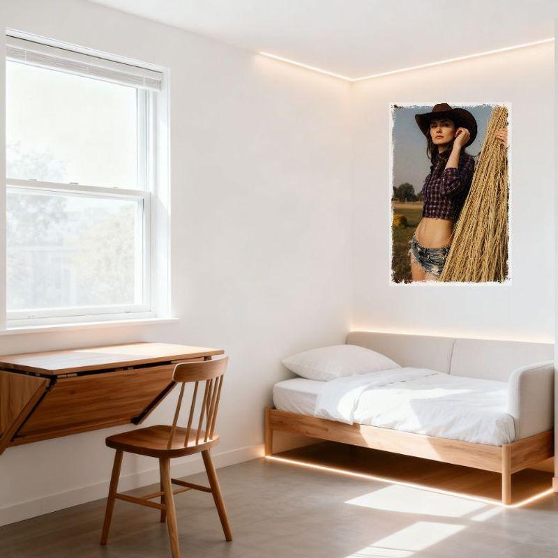 Sexy Woman Vintage Western Countryside Tin Sign Grassy Field Cowboy Hat Denim Shorts Metal Poster for Bar Home Cafe Wall Decor