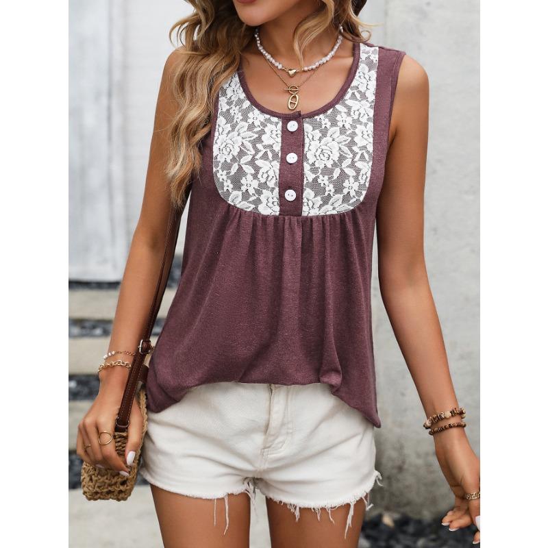 Women's Lace Patchwork T-Shirts Doll Neck Loose Comfortable Knitted Vest Top