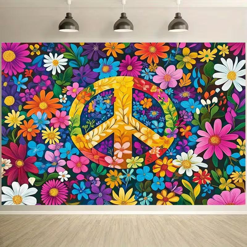 2D Floral Peace Symbol Backdrop with Vibrant Flowers Hippie Party Background