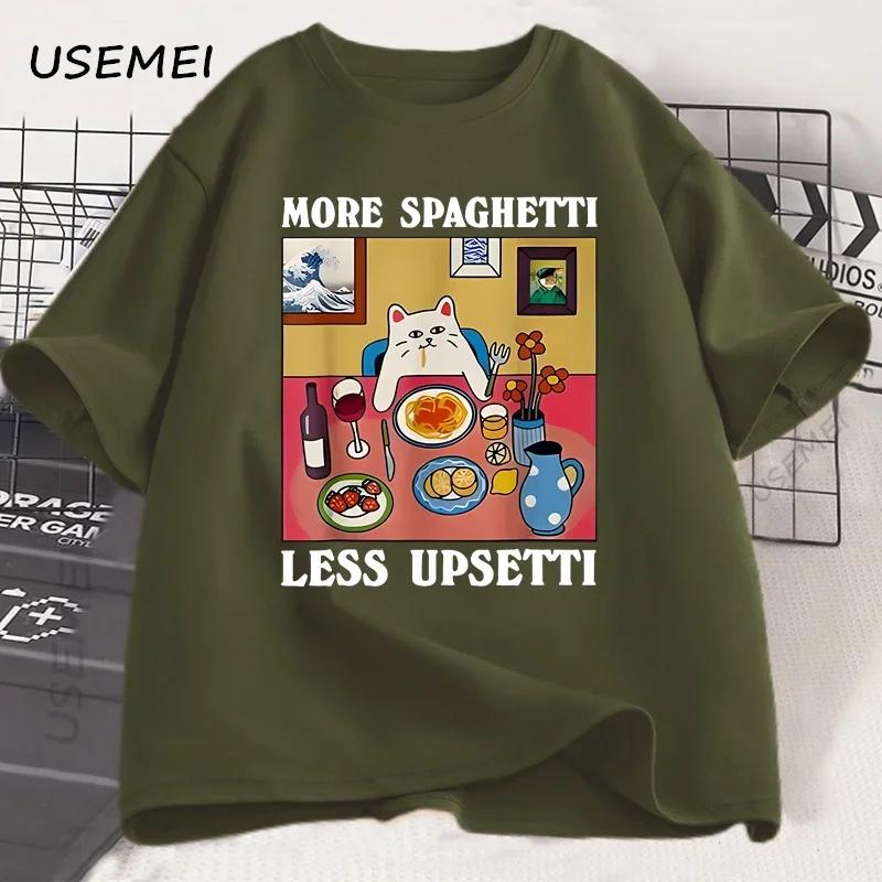 More Spaghetti Less Upsetti Funny Cat TShirt Unisex Unisex Printed T Shirt Harajuku O Neck Cotton Short Sleeve Tee Shirt Cat Lover