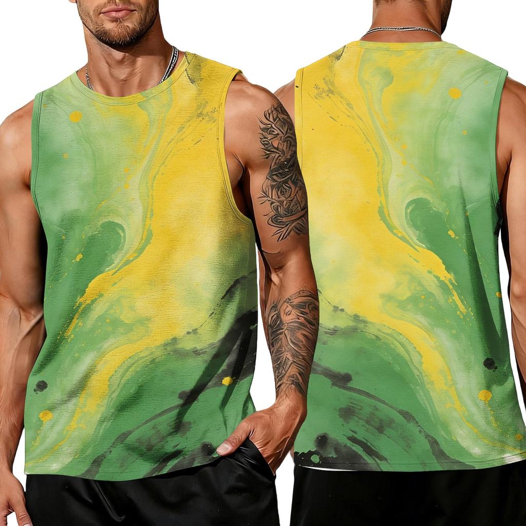 Men's Casual Sleeveless Tank Top Sport Breathable Lightweight Muscle Shirt with Abstract Ink Splash Print for Outdoor Gym Training